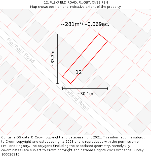 12, PLEXFIELD ROAD, RUGBY, CV22 7EN: Plot and title map