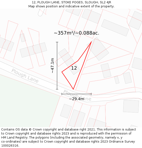 12, PLOUGH LANE, STOKE POGES, SLOUGH, SL2 4JR: Plot and title map