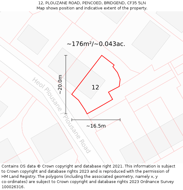12, PLOUZANE ROAD, PENCOED, BRIDGEND, CF35 5LN: Plot and title map
