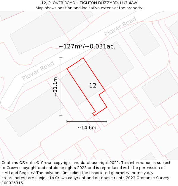 12, PLOVER ROAD, LEIGHTON BUZZARD, LU7 4AW: Plot and title map