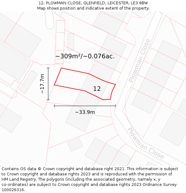 12, PLOWMAN CLOSE, GLENFIELD, LEICESTER, LE3 8BW: Plot and title map