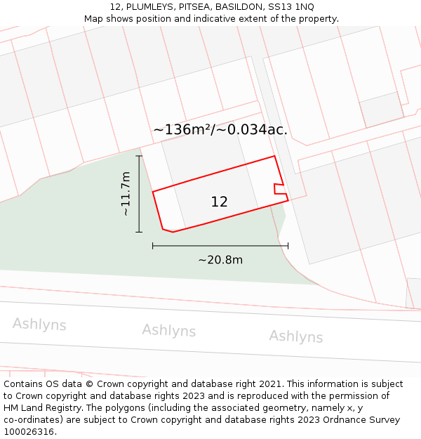 12, PLUMLEYS, PITSEA, BASILDON, SS13 1NQ: Plot and title map