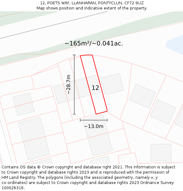 12, POETS WAY, LLANHARAN, PONTYCLUN, CF72 9UZ: Plot and title map