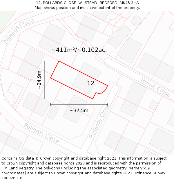 12, POLLARDS CLOSE, WILSTEAD, BEDFORD, MK45 3HA: Plot and title map