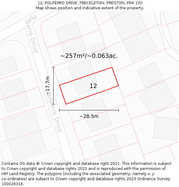 12, POLPERRO DRIVE, FRECKLETON, PRESTON, PR4 1YD: Plot and title map