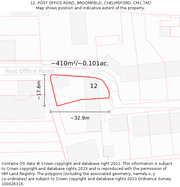 12, POST OFFICE ROAD, BROOMFIELD, CHELMSFORD, CM1 7AD: Plot and title map