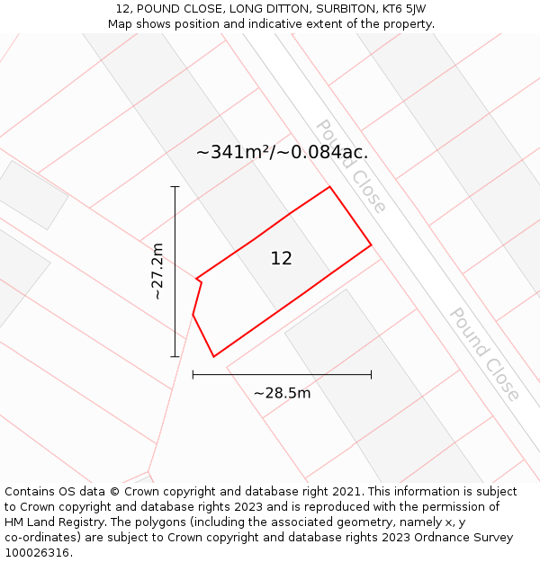 12, POUND CLOSE, LONG DITTON, SURBITON, KT6 5JW: Plot and title map