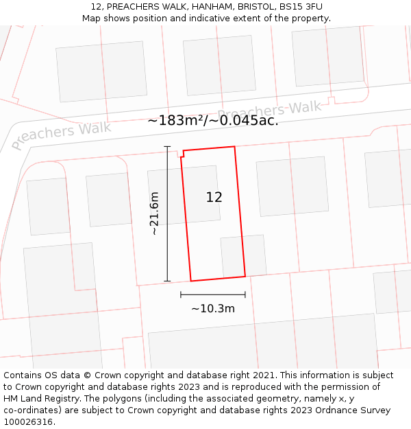 12, PREACHERS WALK, HANHAM, BRISTOL, BS15 3FU: Plot and title map