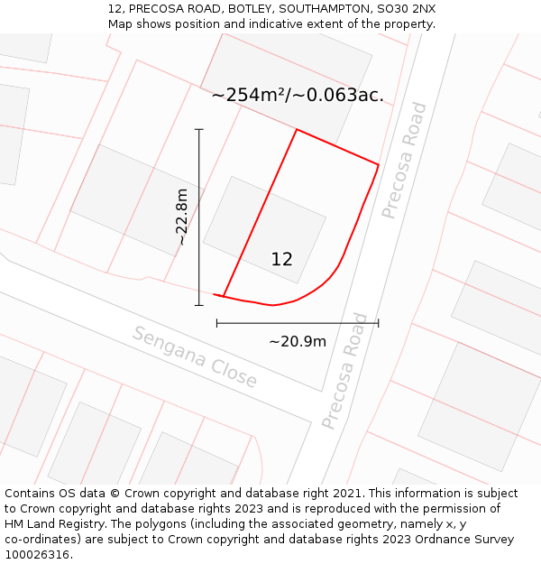 12, PRECOSA ROAD, BOTLEY, SOUTHAMPTON, SO30 2NX: Plot and title map