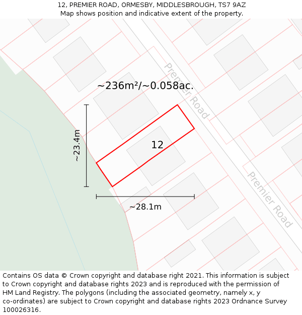 12, PREMIER ROAD, ORMESBY, MIDDLESBROUGH, TS7 9AZ: Plot and title map