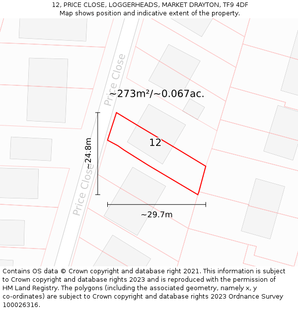 12, PRICE CLOSE, LOGGERHEADS, MARKET DRAYTON, TF9 4DF: Plot and title map