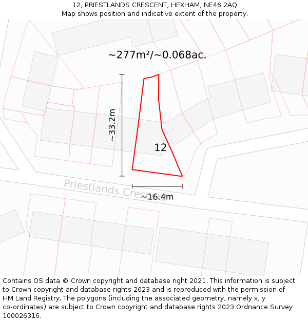 12, PRIESTLANDS CRESCENT, HEXHAM, NE46 2AQ: Plot and title map