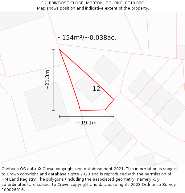 12, PRIMROSE CLOSE, MORTON, BOURNE, PE10 0PG: Plot and title map