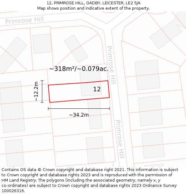 12, PRIMROSE HILL, OADBY, LEICESTER, LE2 5JA: Plot and title map