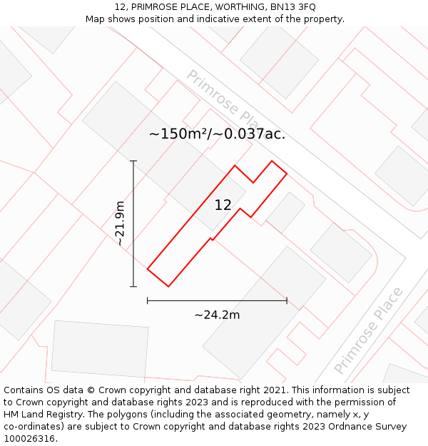 12, PRIMROSE PLACE, WORTHING, BN13 3FQ: Plot and title map