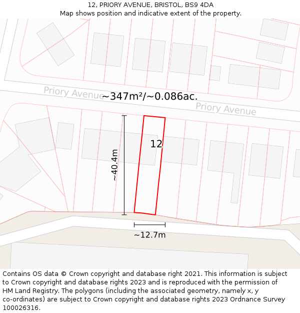 12, PRIORY AVENUE, BRISTOL, BS9 4DA: Plot and title map