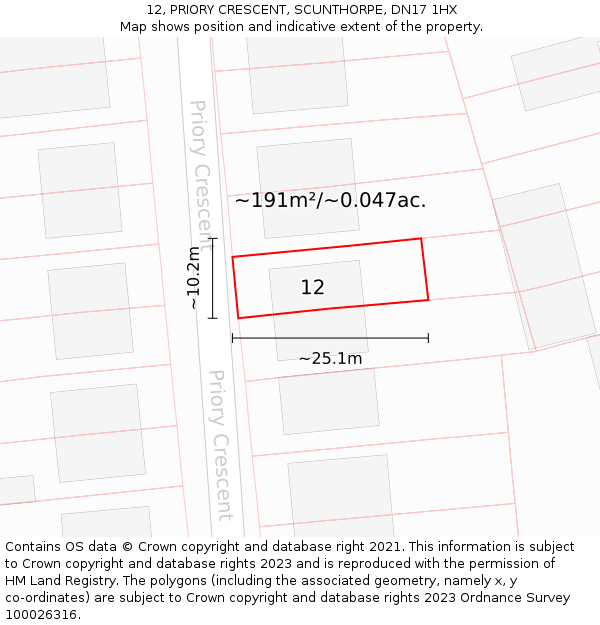 12, PRIORY CRESCENT, SCUNTHORPE, DN17 1HX: Plot and title map