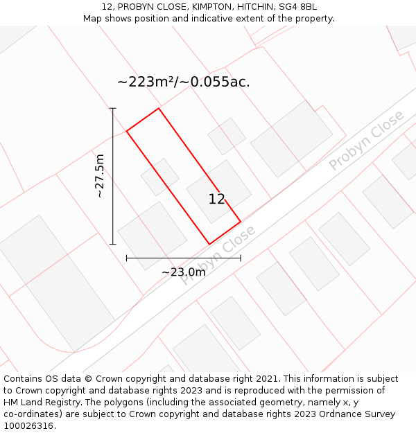 12, PROBYN CLOSE, KIMPTON, HITCHIN, SG4 8BL: Plot and title map
