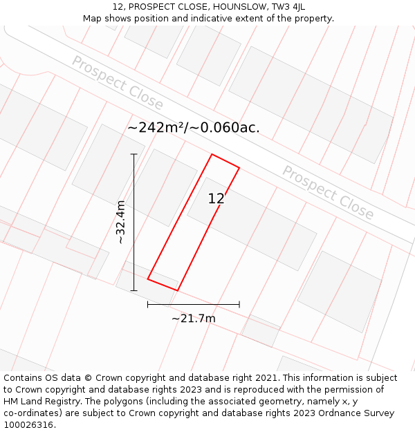 12, PROSPECT CLOSE, HOUNSLOW, TW3 4JL: Plot and title map