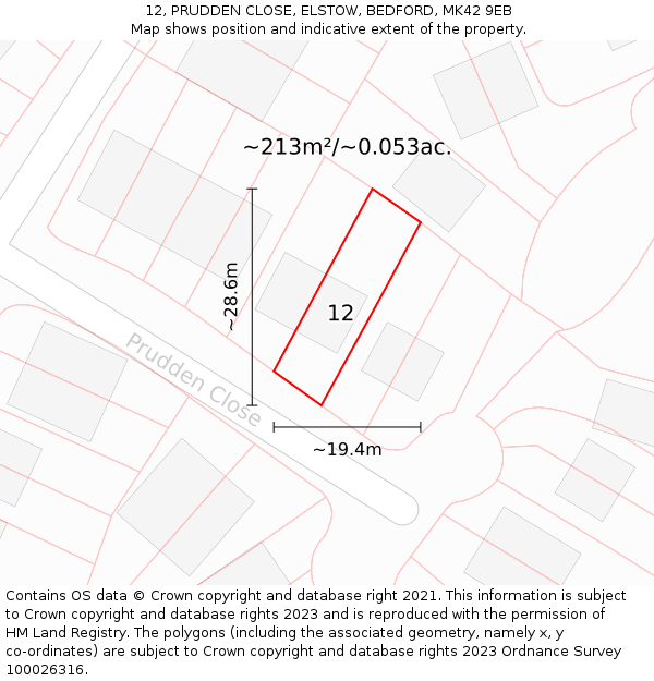 12, PRUDDEN CLOSE, ELSTOW, BEDFORD, MK42 9EB: Plot and title map