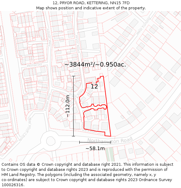 12, PRYOR ROAD, KETTERING, NN15 7FD: Plot and title map