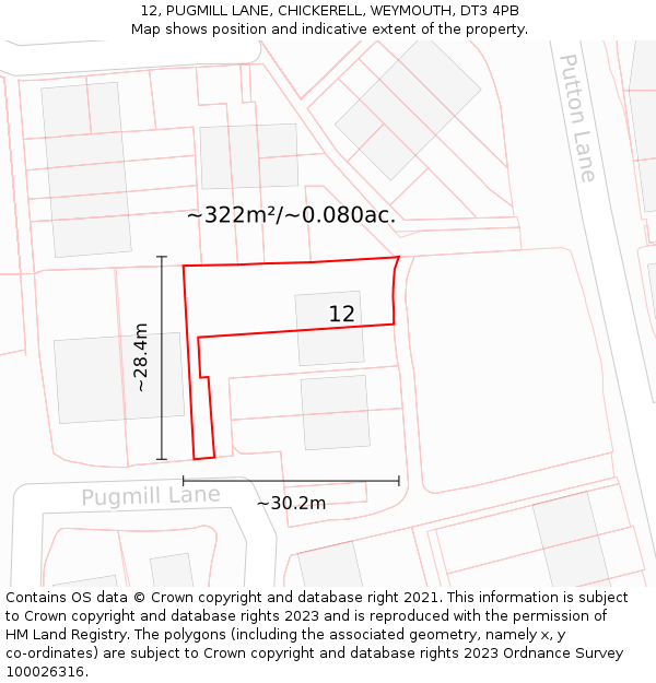 12, PUGMILL LANE, CHICKERELL, WEYMOUTH, DT3 4PB: Plot and title map