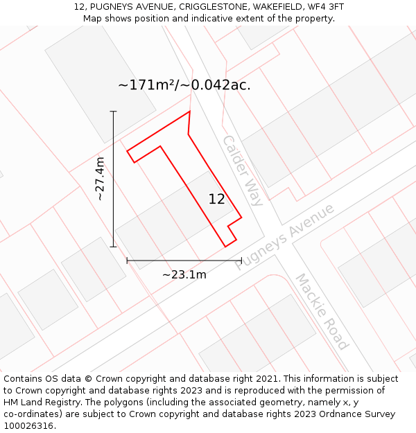 12, PUGNEYS AVENUE, CRIGGLESTONE, WAKEFIELD, WF4 3FT: Plot and title map