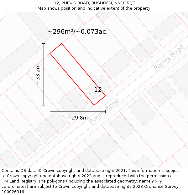 12, PURVIS ROAD, RUSHDEN, NN10 9QB: Plot and title map