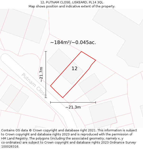 12, PUTNAM CLOSE, LISKEARD, PL14 3QL: Plot and title map