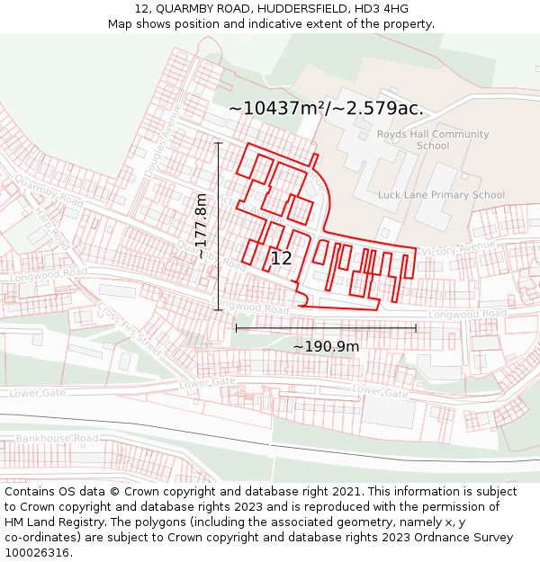 12, QUARMBY ROAD, HUDDERSFIELD, HD3 4HG: Plot and title map