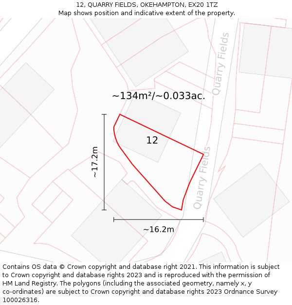 12, QUARRY FIELDS, OKEHAMPTON, EX20 1TZ: Plot and title map