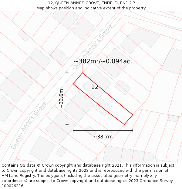 12, QUEEN ANNES GROVE, ENFIELD, EN1 2JP: Plot and title map