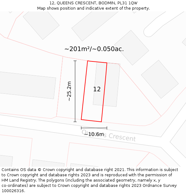 12, QUEENS CRESCENT, BODMIN, PL31 1QW: Plot and title map
