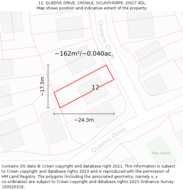 12, QUEENS DRIVE, CROWLE, SCUNTHORPE, DN17 4DL: Plot and title map