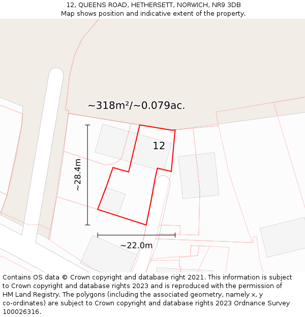 12, QUEENS ROAD, HETHERSETT, NORWICH, NR9 3DB: Plot and title map