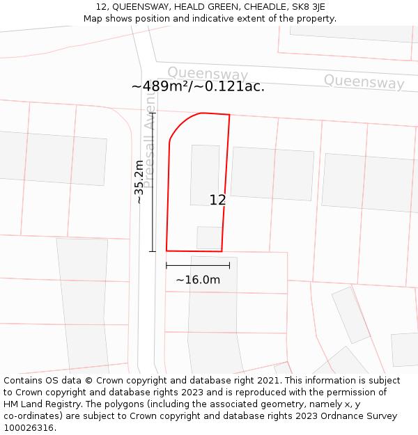 12, QUEENSWAY, HEALD GREEN, CHEADLE, SK8 3JE: Plot and title map