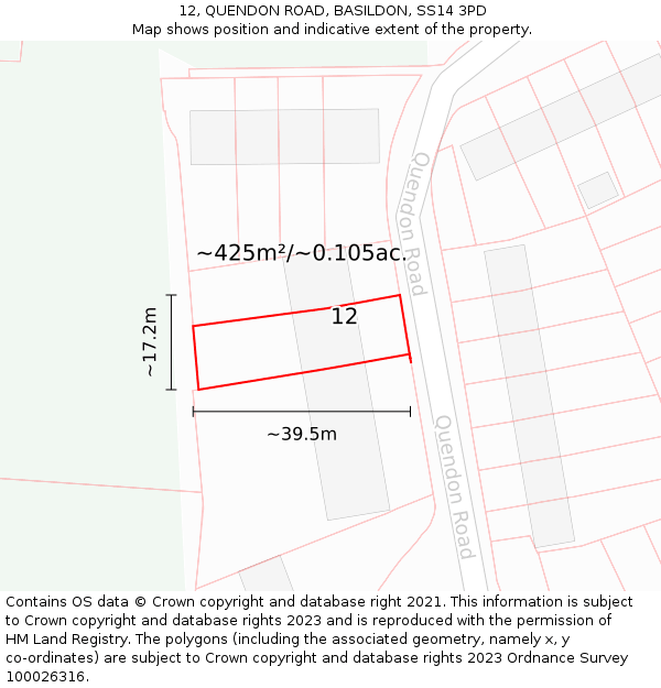 12, QUENDON ROAD, BASILDON, SS14 3PD: Plot and title map
