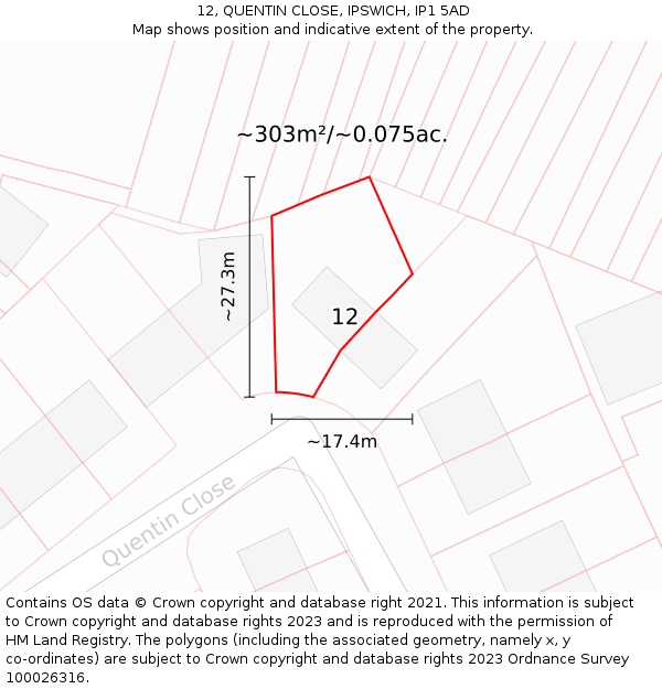 12, QUENTIN CLOSE, IPSWICH, IP1 5AD: Plot and title map