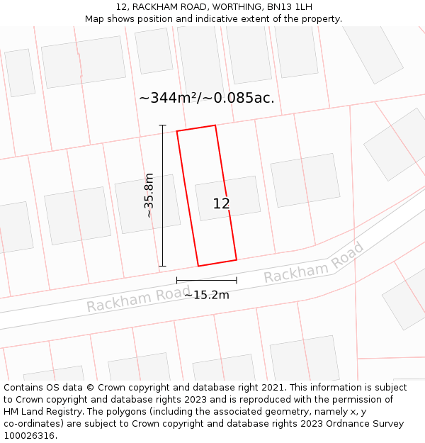 12, RACKHAM ROAD, WORTHING, BN13 1LH: Plot and title map