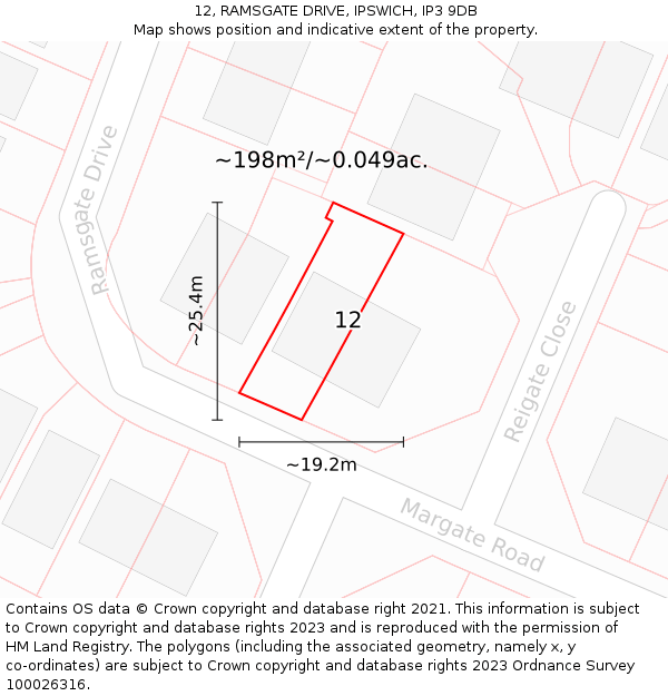 12, RAMSGATE DRIVE, IPSWICH, IP3 9DB: Plot and title map