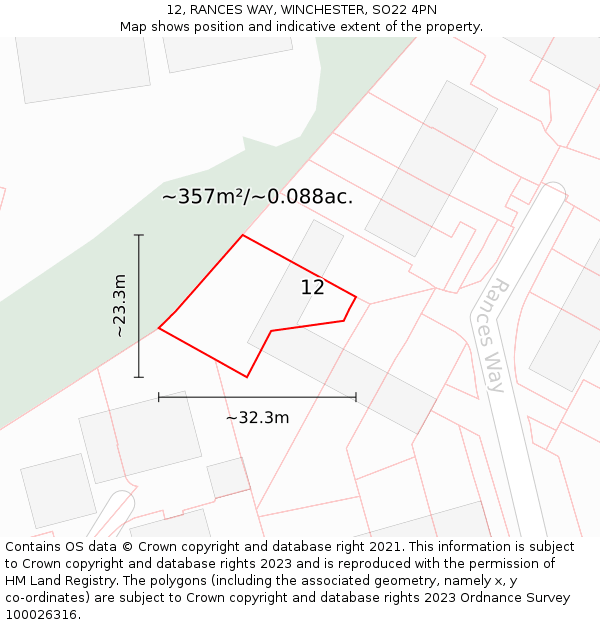 12, RANCES WAY, WINCHESTER, SO22 4PN: Plot and title map