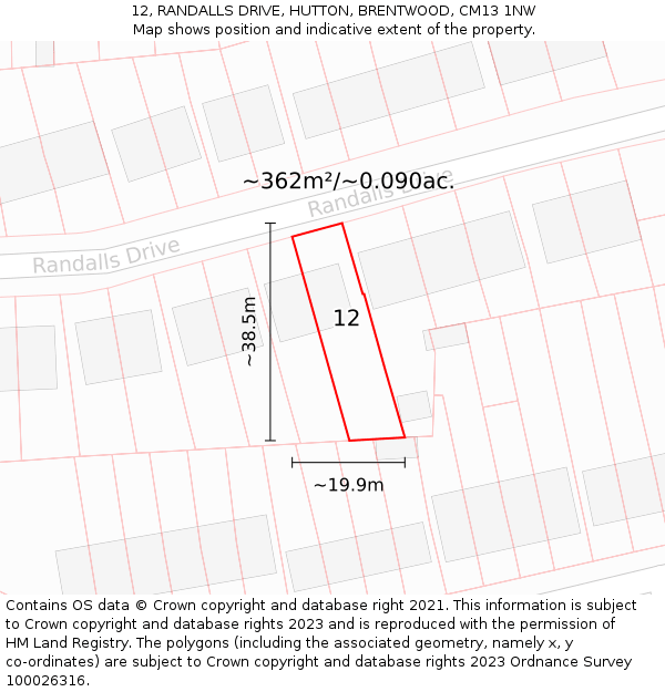 12, RANDALLS DRIVE, HUTTON, BRENTWOOD, CM13 1NW: Plot and title map