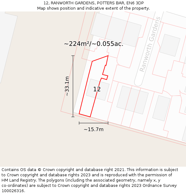 12, RANWORTH GARDENS, POTTERS BAR, EN6 3DP: Plot and title map