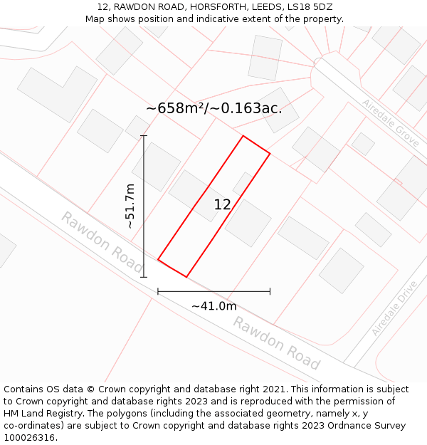 12, RAWDON ROAD, HORSFORTH, LEEDS, LS18 5DZ: Plot and title map