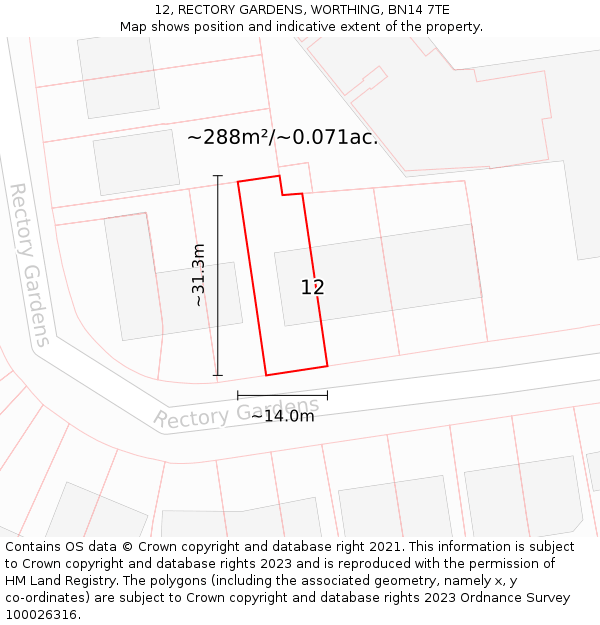 12, RECTORY GARDENS, WORTHING, BN14 7TE: Plot and title map