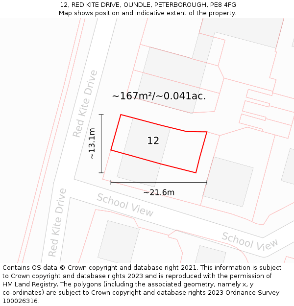 12, RED KITE DRIVE, OUNDLE, PETERBOROUGH, PE8 4FG: Plot and title map