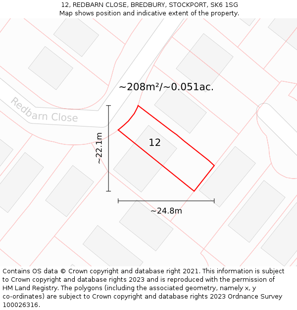 12, REDBARN CLOSE, BREDBURY, STOCKPORT, SK6 1SG: Plot and title map