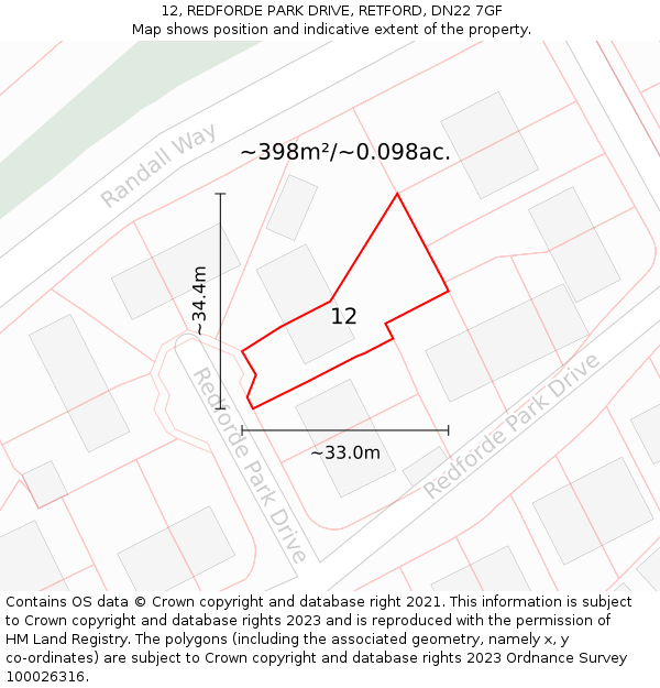12, REDFORDE PARK DRIVE, RETFORD, DN22 7GF: Plot and title map