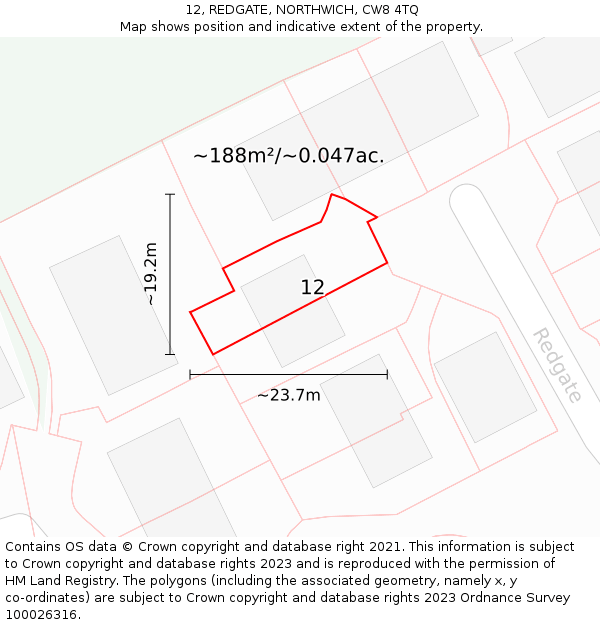 12, REDGATE, NORTHWICH, CW8 4TQ: Plot and title map