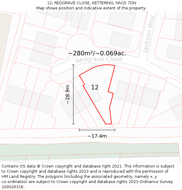 12, REDGRAVE CLOSE, KETTERING, NN15 7DN: Plot and title map